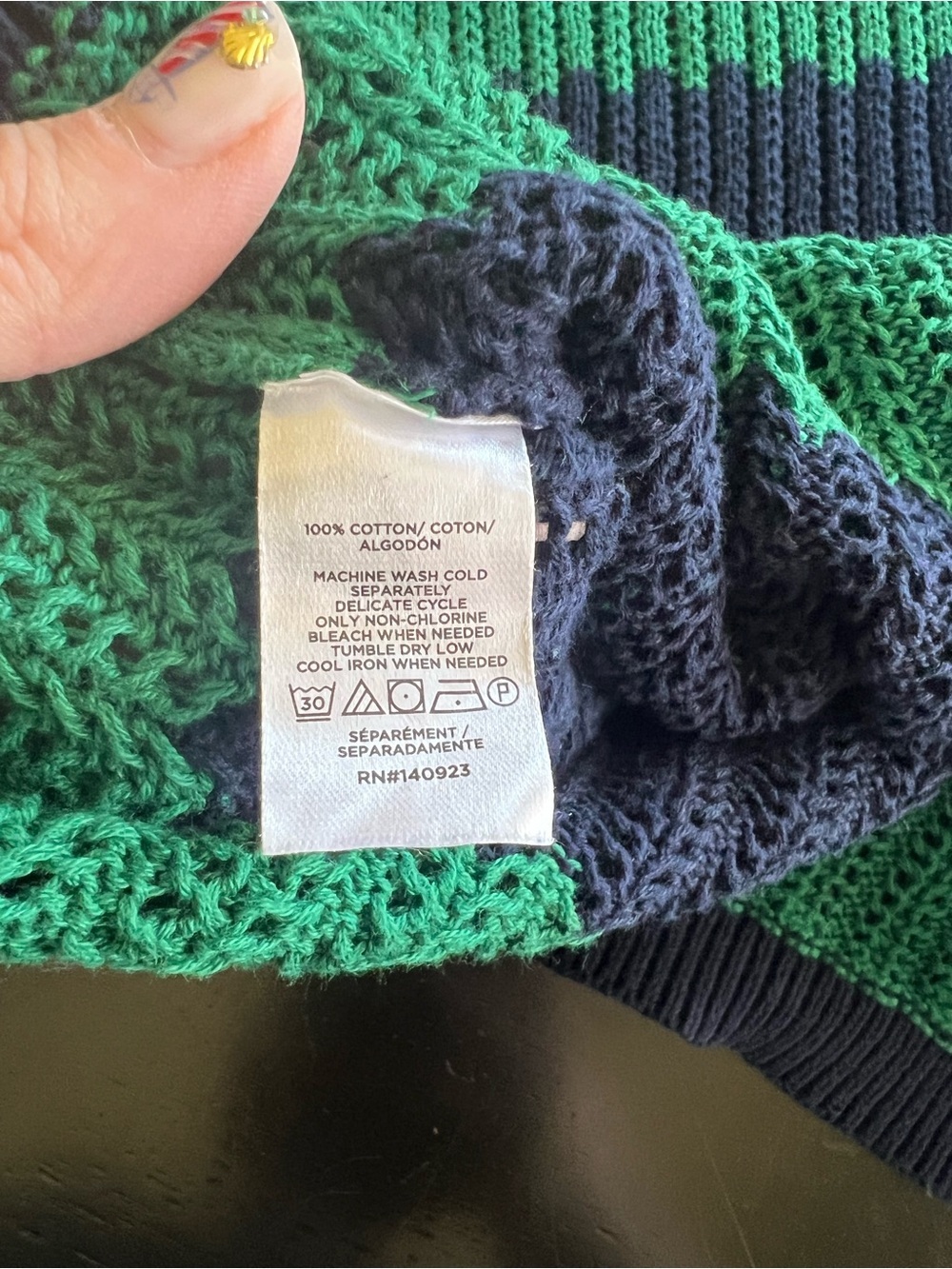 LOFT Green & Navy Striped Open Knit Cotton Sweater Size Medium - Picture 3 of 9